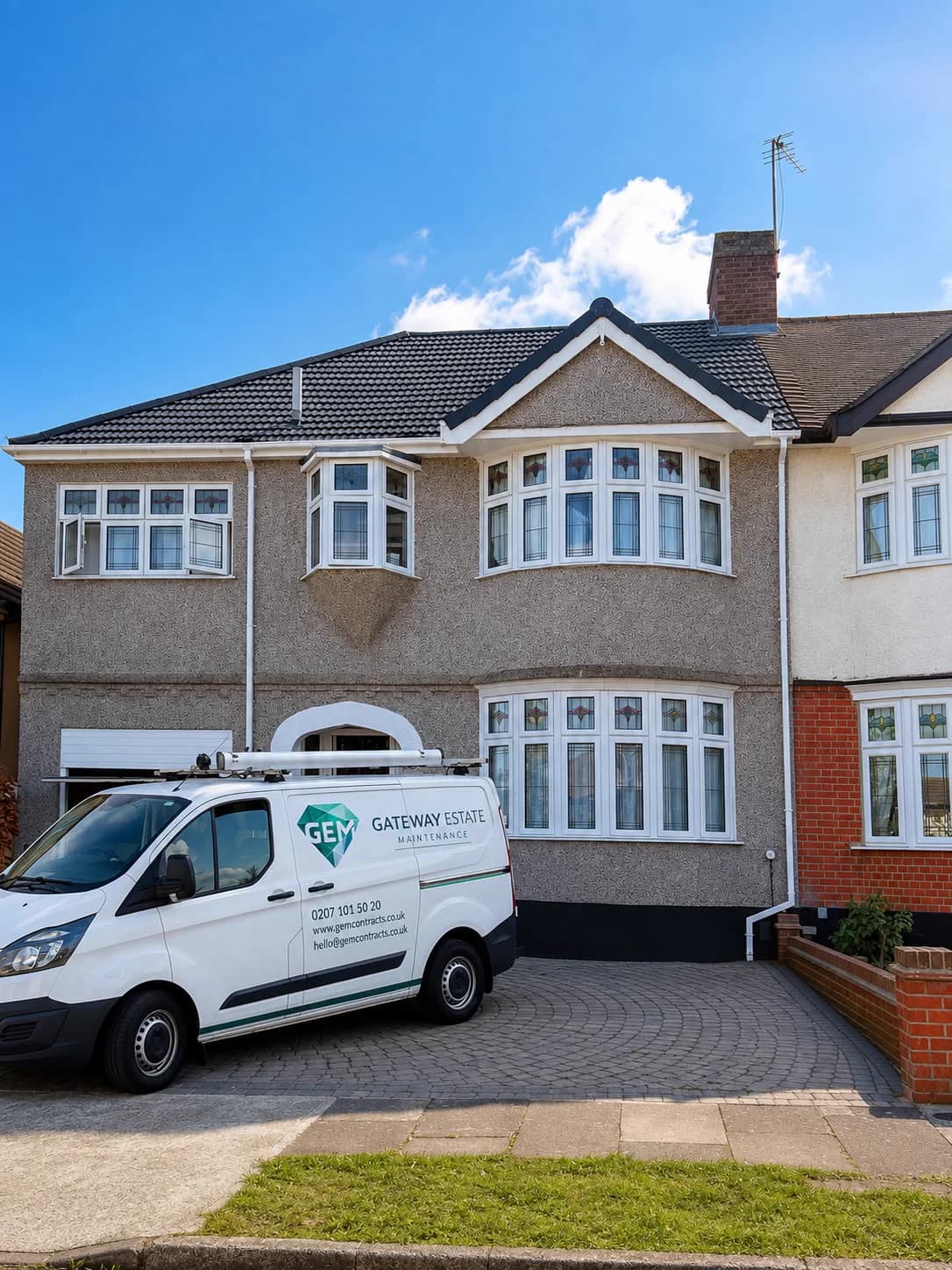 GEM maintenance van parked on the drive outside a two-storey residential property.