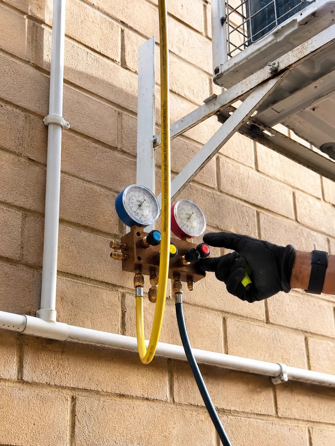 Close view of manifold gauges used during air-conditioning servicing.