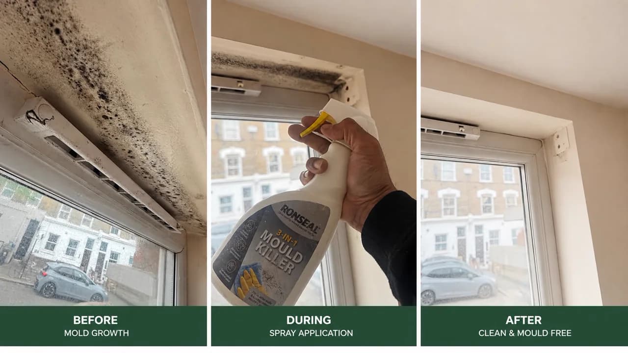 Before, treatment and after view showing mould removal around a window reveal.