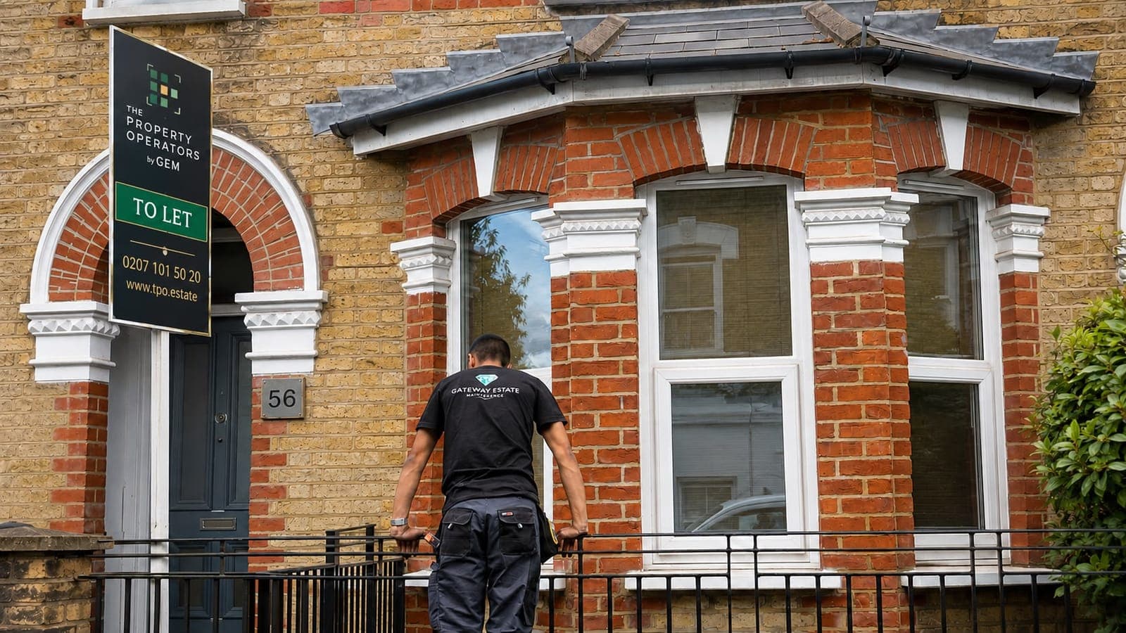 GEM operative at the railings inspecting the front elevation and bay window of a London terraced house let through The Property Operators