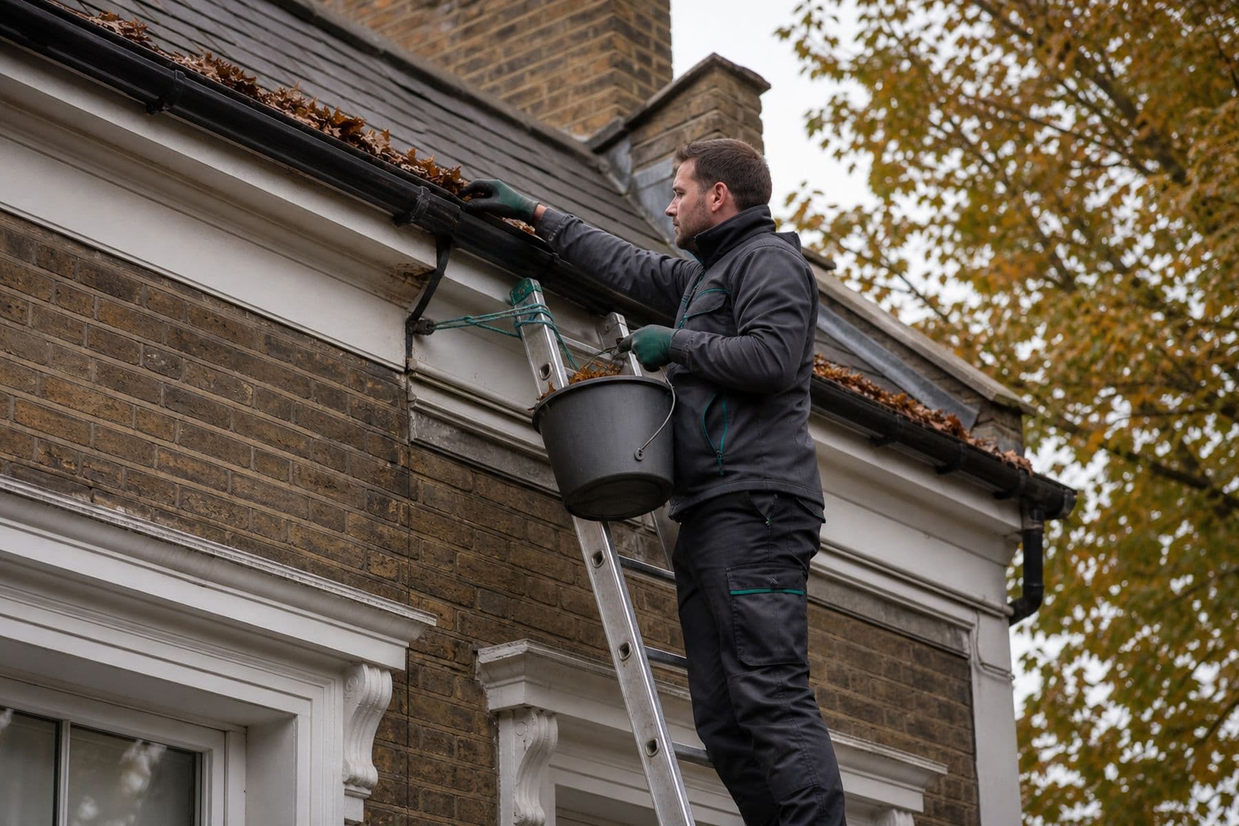 GEM operative clearing autumn leaves from a gutter at roofline